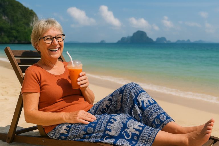 Femme retraitée profitant d'un thé thaï sur une plage Thaïlandaise