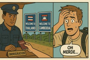 Touriste stressé se présentant à l'immigration après un visa run (format BD)