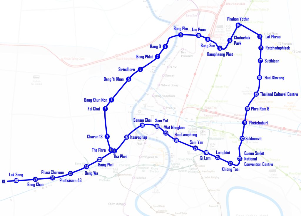 Carte de la ligne bleu du MRT (métro de Bangkok - Blue Line)