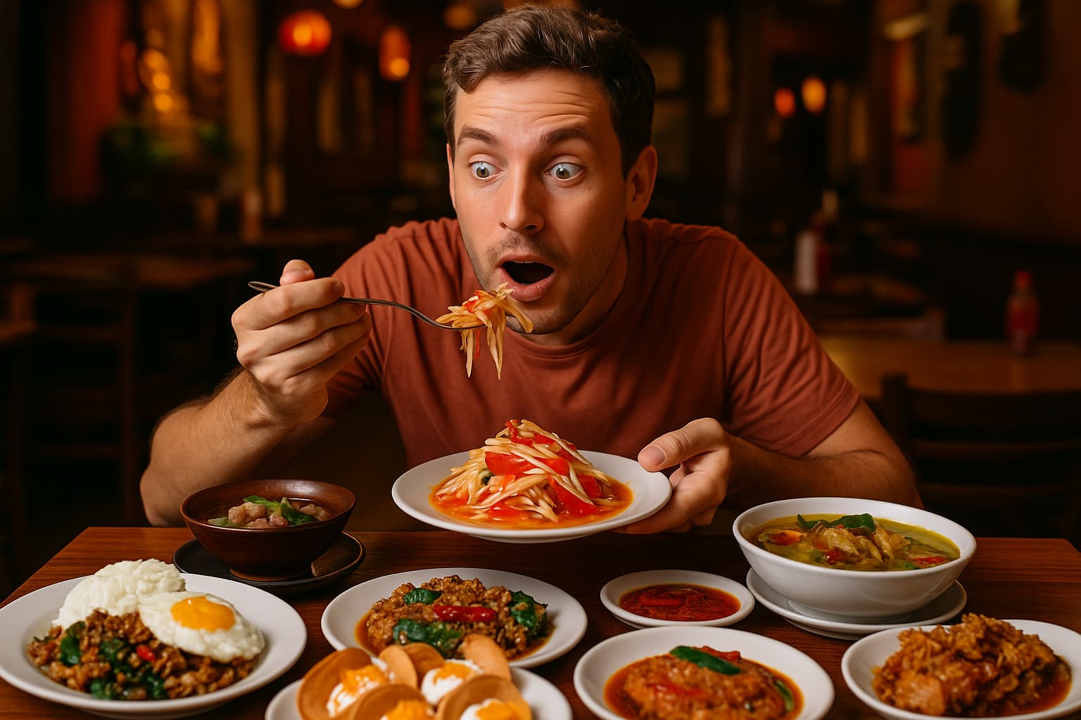 Occidental qui mange un som tam et dispose d'un grand nombre de plats thaïs à table