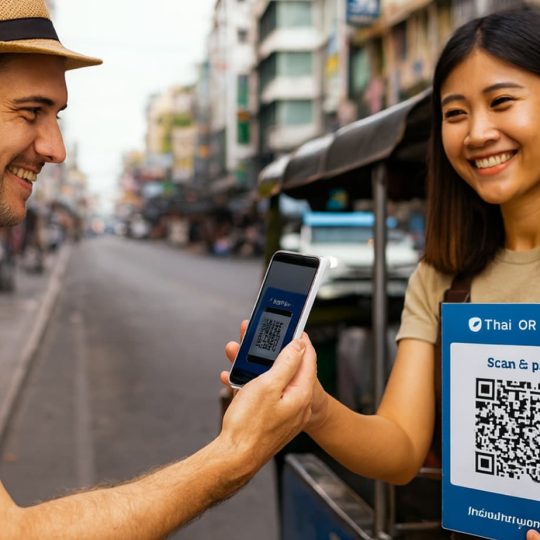 Touriste qui utilise l'application tagthai easypay pour payer par qrcode en Thaïlande