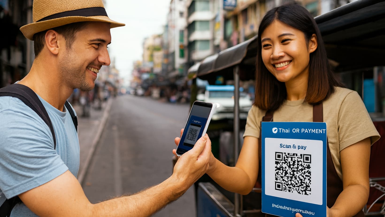 Touriste qui utilise l'application tagthai easypay pour payer par qrcode en Thaïlande