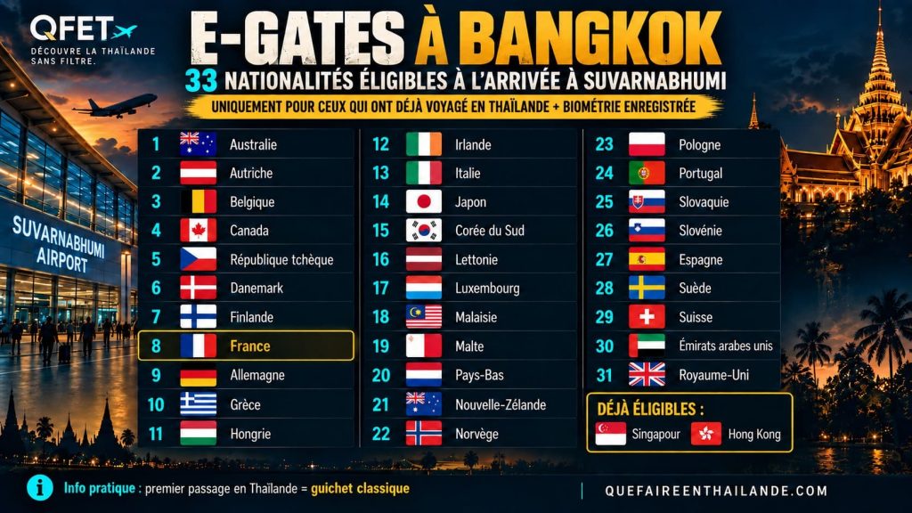 pays éligibles portes automatiques à l'arrivée à l'aéroport de Bangkok Suvarnabhumi Thaïlande