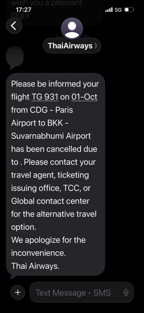 sms annulation thai airways paris bangkok TG931 1er octobre 2026