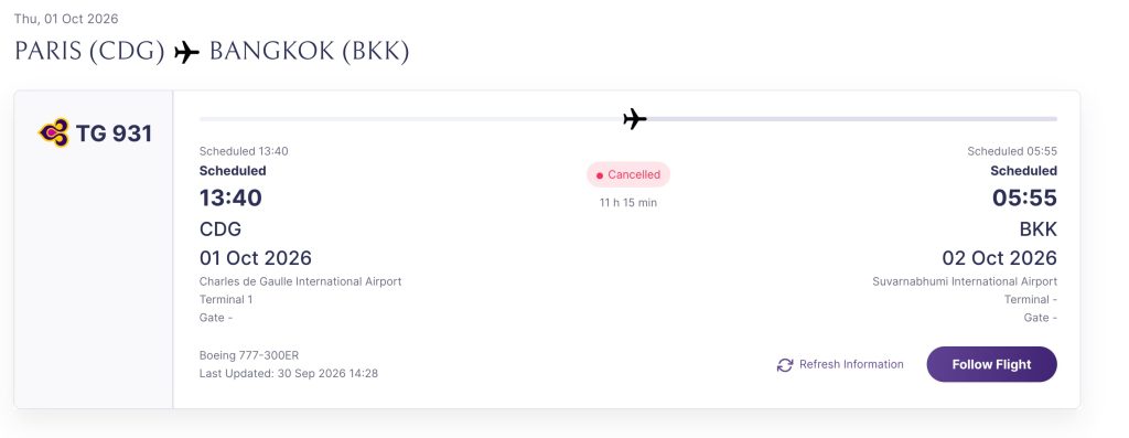 vol paris bangkok thai airways tg931 annulé le 1er octobre 2026