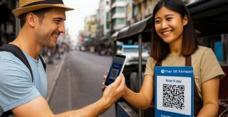Touriste qui utilise l'application tagthai easypay pour payer par qrcode en Thaïlande